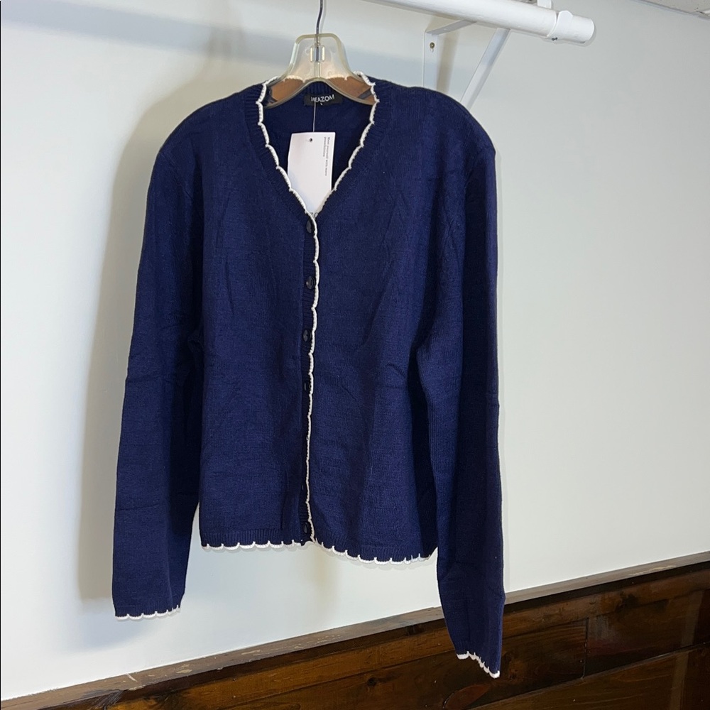 Amazon Women's Navy Blue Cardigan Sweater with White Trim